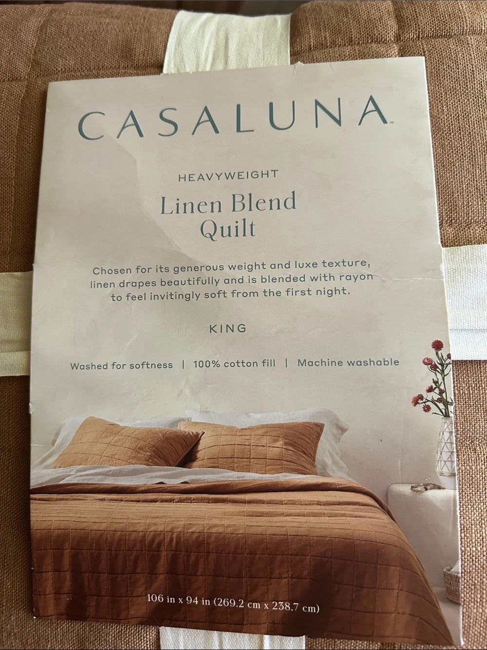 Casaluna King Heavyweight Linen Blend Quilt in Warm Brown. 106” x 94”